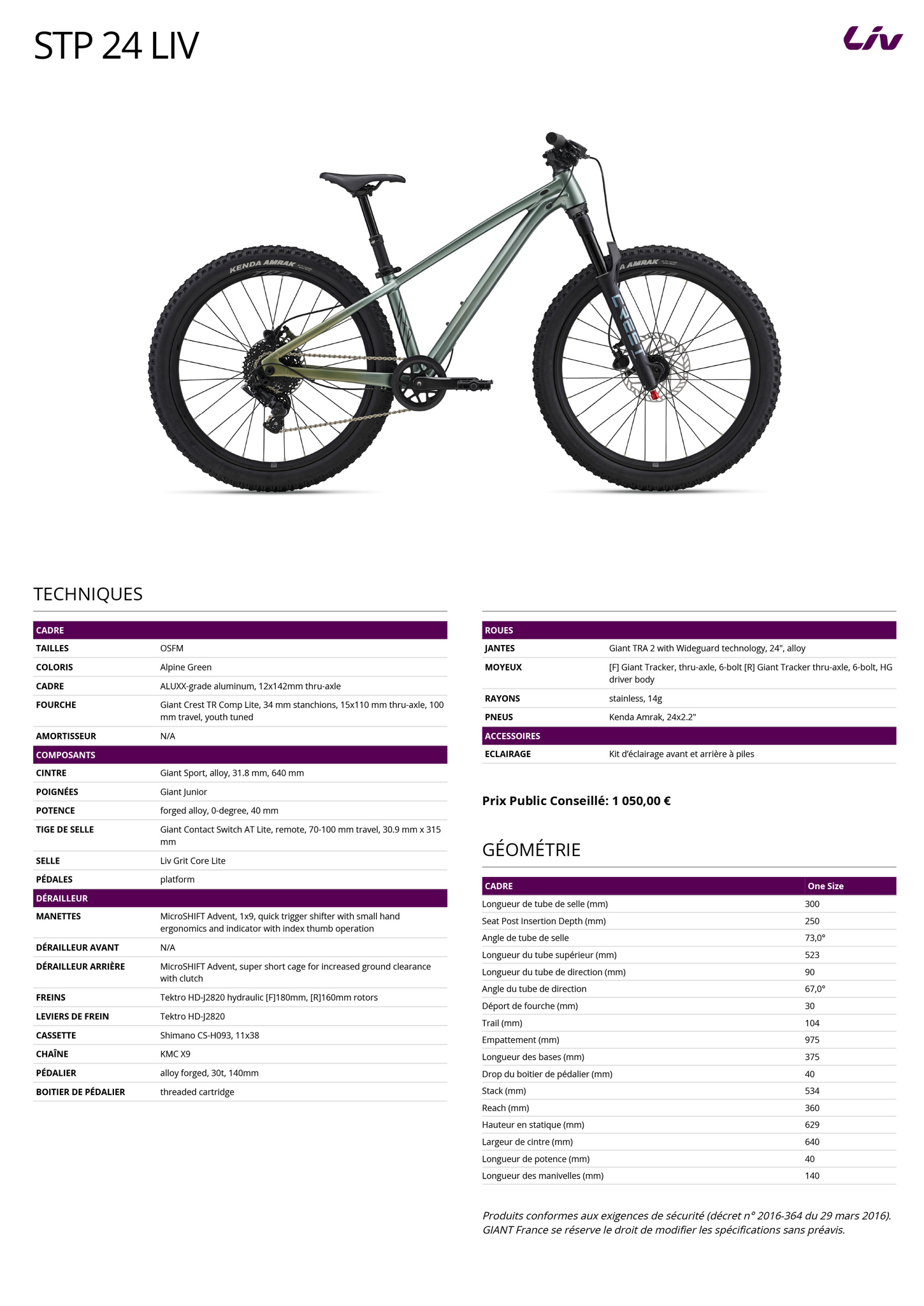 Fiche technique du velo STP 24 année 2026